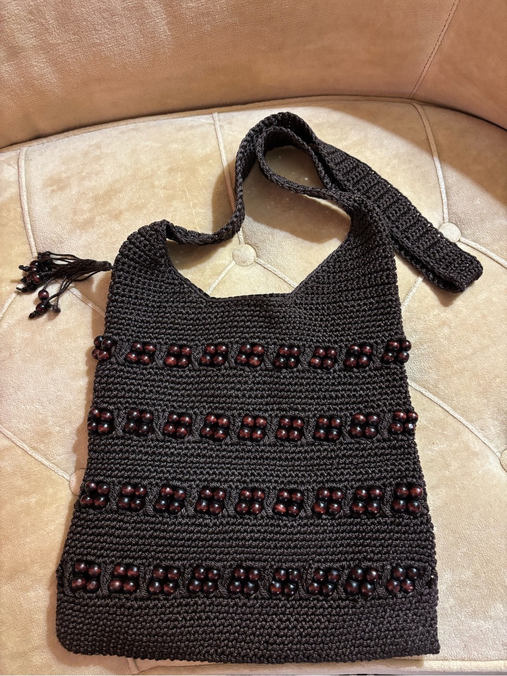 Vintage Black Crochet Shoulder Bag with Dark Wooden Beads
